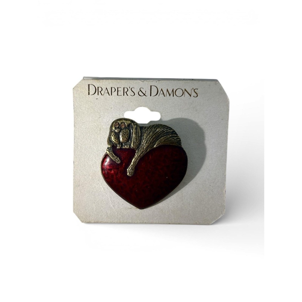 Vintage Draper & Damon's Red Enamel Heart Hound‎ Dog Rhinestone Eyes Brooch Pin